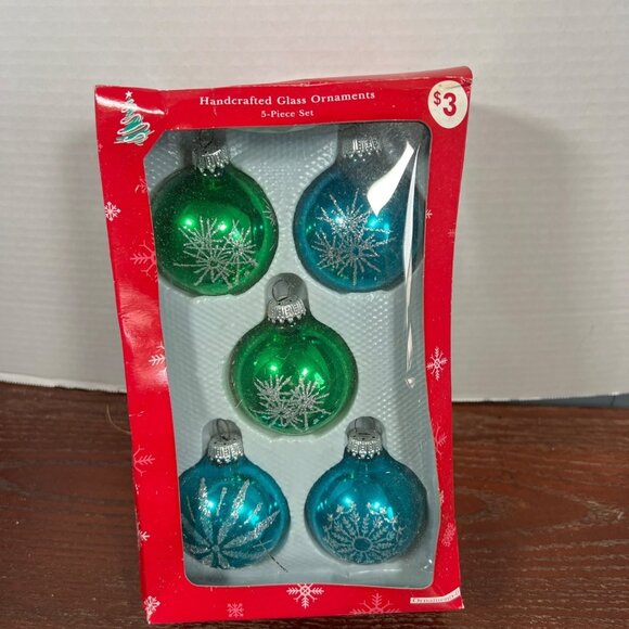 Vintage Handcrafted Glass Christmas Ornaments 5-Piece Set - Green & Blue E4 - Picture 1 of 3
